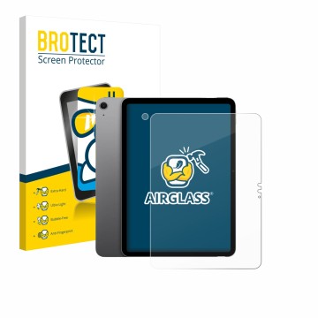 Front side of a product packaging with the brand logo BROTECT. Next to it is the device Apple iPad Air 11