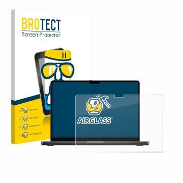 Front side of a product packaging with the brand logo BROTECT. Next to it is the device Apple MacBook Pro 16