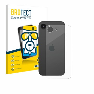 Parte frontal de un envase de producto con el logotipo de la marca BROTECT. Al lado se muestra el dispositivo Apple iPhone 17e