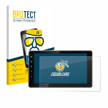 Front side of a product packaging with the brand logo BROTECT. Next to it is the device Kenwood DMX-F920DS shown with the corr