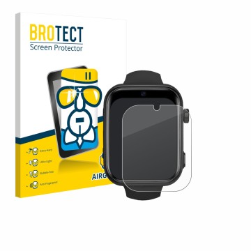 Vorderseite einer Produktverpackung mit dem Markenlogo BROTECT. Daneben ist das Gerät Aimiuvei Kids Smartwatch mit dem zugehör