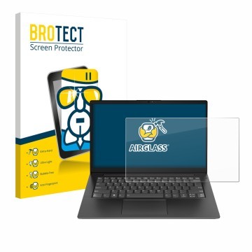 Face avant d’un emballage produit avec le logo de la marque BROTECT. À côté, l’appareil Lenovo V14 Gen 5 est représenté avec l