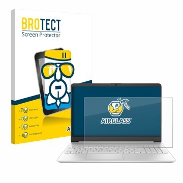 Parte frontal de un envase de producto con el logotipo de la marca BROTECT. Al lado se muestra el dispositivo HP 15s-fq2000 co