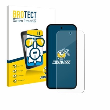 Face avant d’un emballage produit avec le logo de la marque BROTECT. À côté, l’appareil Google Pixel 10a (case-friendly) est r