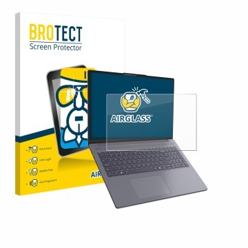 Parte frontal de un envase de producto con el logotipo de la marca BROTECT. Al lado se muestra el dispositivo Lenovo IdeaPad S