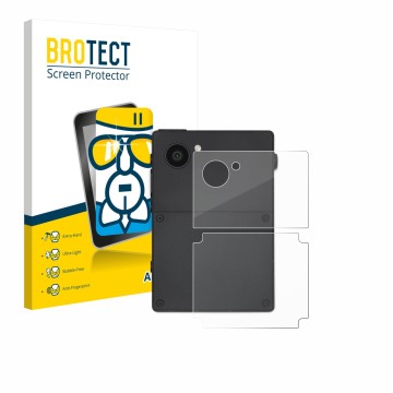 Vorderseite einer Produktverpackung mit dem Markenlogo BROTECT. Daneben ist das Gerät Light Phone 3 (Rückseite) mit dem zugehö