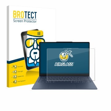 Parte frontal de un envase de producto con el logotipo de la marca BROTECT. Al lado se muestra el dispositivo Lenovo Yoga Slim