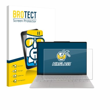 Parte frontal de un envase de producto con el logotipo de la marca BROTECT. Al lado se muestra el dispositivo Lenovo Yoga Slim