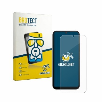 Front side of a product packaging with the brand logo BROTECT. Next to it is the device Xiaomi Redmi A7 Pro shown with the cor