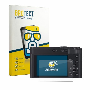 Vorderseite einer Produktverpackung mit dem Markenlogo BROTECT. Daneben ist das Gerät Panasonic Lumix DC-TZ300 mit dem zugehör