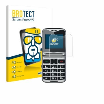 Vorderseite einer Produktverpackung mit dem Markenlogo BROTECT. Daneben ist das Gerät bea-fon Fold 10 LTE mit dem zugehörigen 