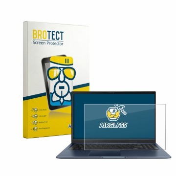 Parte frontal de un envase de producto con el logotipo de la marca BROTECT. Al lado se muestra el dispositivo ASUS Vivobook 15