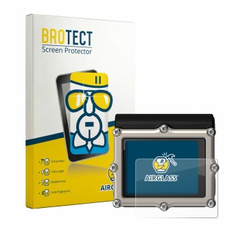 Front side of a product packaging with the brand logo BROTECT. Next to it is the device Shearwater Petrel 3 dive computer show