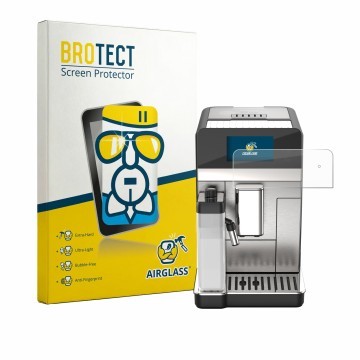 Face avant d’un emballage produit avec le logo de la marque BROTECT. À côté, l’appareil DeLonghi Eletta Ultra 2026 est représe