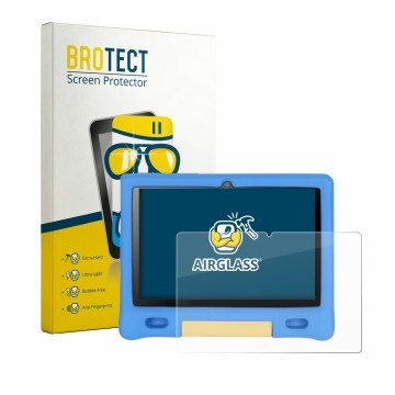 Face avant d’un emballage produit avec le logo de la marque BROTECT. À côté, l’appareil Bufo Kids Tablet 10.1