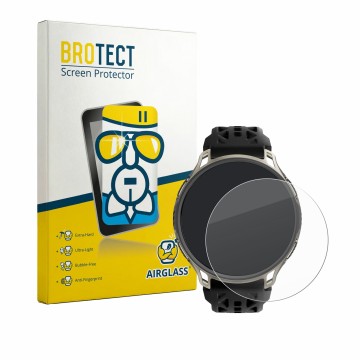 Front side of a product packaging with the brand logo BROTECT. Next to it is the device Amazfit Cheetah 2 Pro shown with the c