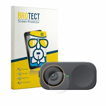 Front side of a product packaging with the brand logo BROTECT. Next to it is the device Insta360 Link 2C Pro (Lens) shown with