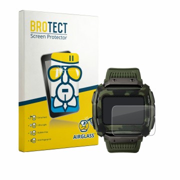 Parte frontal de un envase de producto con el logotipo de la marca BROTECT. Al lado se muestra el dispositivo Timex Command Sh