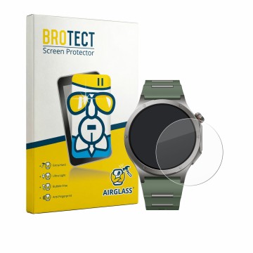 Front side of a product packaging with the brand logo BROTECT. Next to it is the device OnePlus Watch 4 shown with the corresp