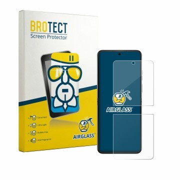 Front side of a product packaging with the brand logo BROTECT. Next to it is the device Motorola Razr 70 shown with the corres