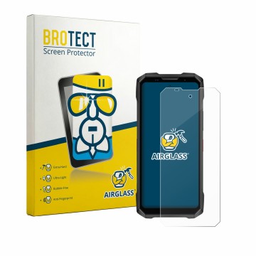 Front side of a product packaging with the brand logo BROTECT. Next to it is the device Doogee V Max 2 shown with the correspo