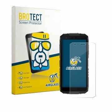 Front side of a product packaging with the brand logo BROTECT. Next to it is the device Doogee Fire 3 shown with the correspon