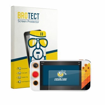 Front side of a product packaging with the brand logo BROTECT. Next to it is the device My Arcade Atari Gamestation Go Portabl