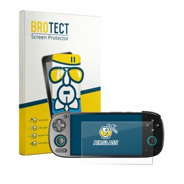 Parte frontal de un envase de producto con el logotipo de la marca BROTECT. Al lado se muestra el dispositivo Retroid Pocket 5