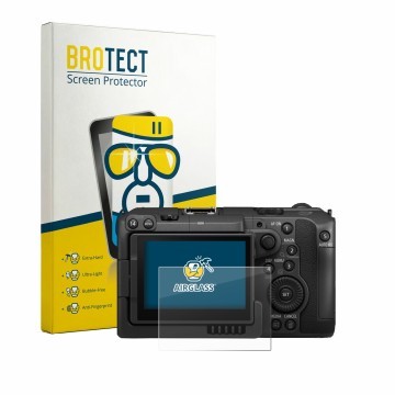 Vorderseite einer Produktverpackung mit dem Markenlogo BROTECT. Daneben ist das Gerät Canon EOS C50 mit dem zugehörigen Displa