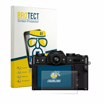 Parte frontale di una confezione del prodotto con il logo del marchio BROTECT. Accanto è raffigurato il dispositivo Fujifilm X