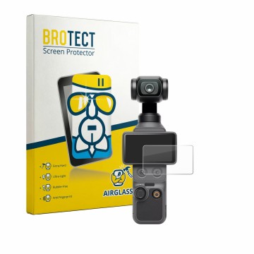 Vorderseite einer Produktverpackung mit dem Markenlogo BROTECT. Daneben ist das Gerät DJI Osmo Pocket 4 mit dem zugehörigen Di