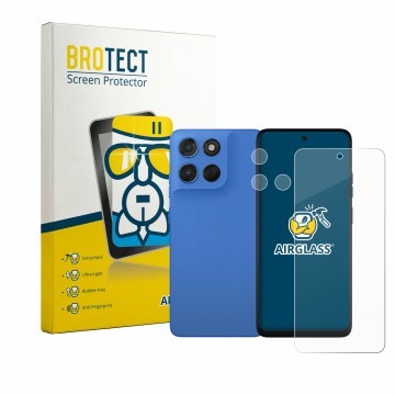 Face avant d’un emballage produit avec le logo de la marque BROTECT. À côté, l’appareil Motorola Moto G57 (Avant+Caméra) est r