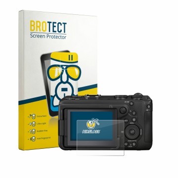 Vorderseite einer Produktverpackung mit dem Markenlogo BROTECT. Daneben ist das Gerät Canon EOS R6 V mit dem zugehörigen Displ