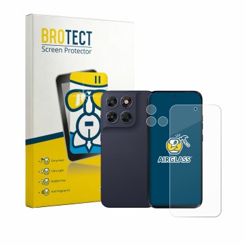 Parte frontal de un envase de producto con el logotipo de la marca BROTECT. Al lado se muestra el dispositivo Motorola Moto G8