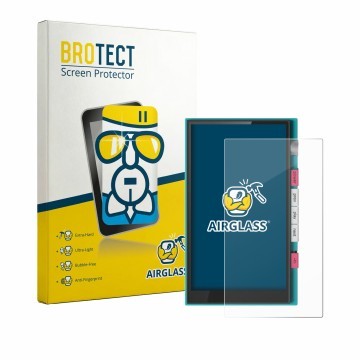 Parte frontal de un envase de producto con el logotipo de la marca BROTECT. Al lado se muestra el dispositivo Hiby Digital M50