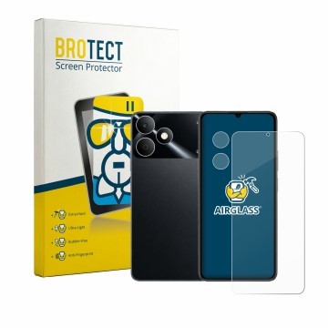 Parte frontal de un envase de producto con el logotipo de la marca BROTECT. Al lado se muestra el dispositivo realme Note 80 (