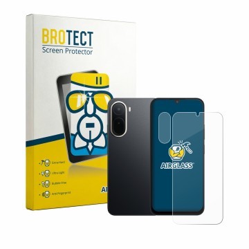 Parte frontal de un envase de producto con el logotipo de la marca BROTECT. Al lado se muestra el dispositivo Xiaomi Redmi A7 