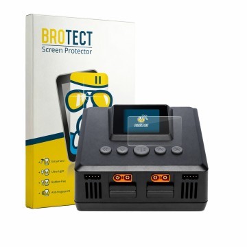 Vorderseite einer Produktverpackung mit dem Markenlogo BROTECT. Daneben ist das Gerät Spektrum Smart Charger S250 mit dem zuge