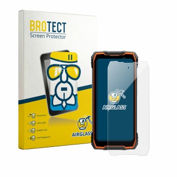 Parte frontal de un envase de producto con el logotipo de la marca BROTECT. Al lado se muestra el dispositivo Blackview Rock 2
