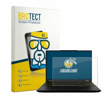 Parte frontal de un envase de producto con el logotipo de la marca BROTECT. Al lado se muestra el dispositivo XMG Neo 16 con s