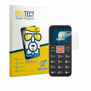 Front side of a product packaging with the brand logo BROTECT. Next to it is the device Easyfone Prime A5 shown with the corre