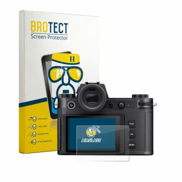 Vorderseite einer Produktverpackung mit dem Markenlogo BROTECT. Daneben ist das Gerät Leica SL3-P mit dem zugehörigen Displays