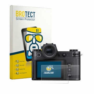 Vorderseite einer Produktverpackung mit dem Markenlogo BROTECT. Daneben ist das Gerät Leica SL3-P (Display + Schulterdisplay) 