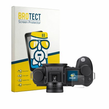 Vorderseite einer Produktverpackung mit dem Markenlogo BROTECT. Daneben ist das Gerät Leica SL3-P (Schulterdisplay) mit dem zu