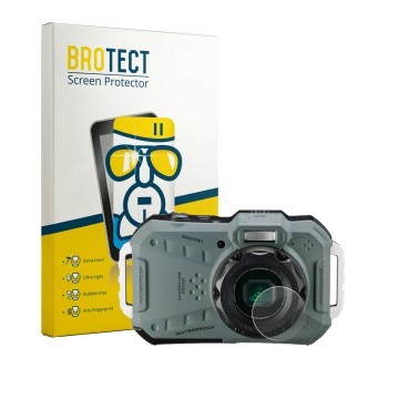 Face avant d’un emballage produit avec le logo de la marque BROTECT. À côté, l’appareil Ricoh Pentax WG-1000 (Lentille) est re