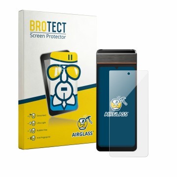 Vorderseite einer Produktverpackung mit dem Markenlogo BROTECT. Daneben ist das Gerät Sunmi V3e mit dem zugehörigen Displaysch