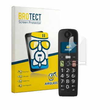 Front side of a product packaging with the brand logo BROTECT. Next to it is the device Panasonic KX-TGU130 shown with the cor