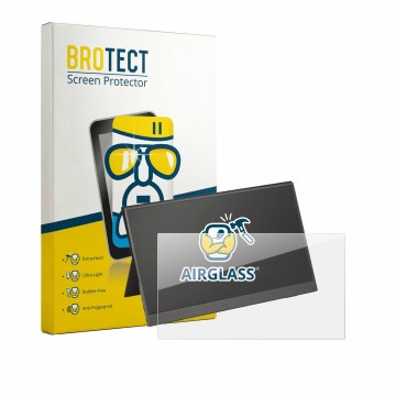 Face avant d’un emballage produit avec le logo de la marque BROTECT. À côté, l’appareil TRONIC Monitor 15.6
