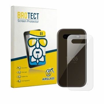 Front side of a product packaging with the brand logo BROTECT. Next to it is the device HMD 2660 Flip 4G (Back) shown with the