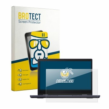 Front side of a product packaging with the brand logo BROTECT. Next to it is the device ASUS ExpertBook BR1402 shown with the 